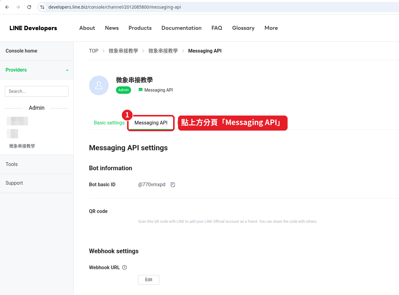 Step 29: Click the "Messaging API" tab at the top