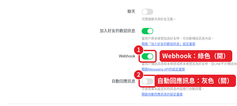 Step 35: 「Webhook」 is green (on) and 「自動回應訊息」 (Auto-response messages) is gray (off)