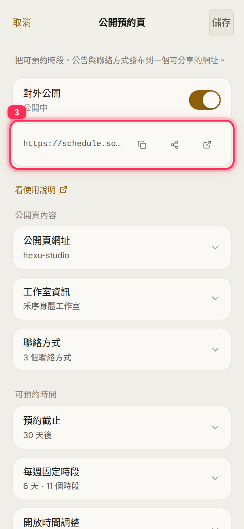 The copy, share and preview buttons beside the public URL