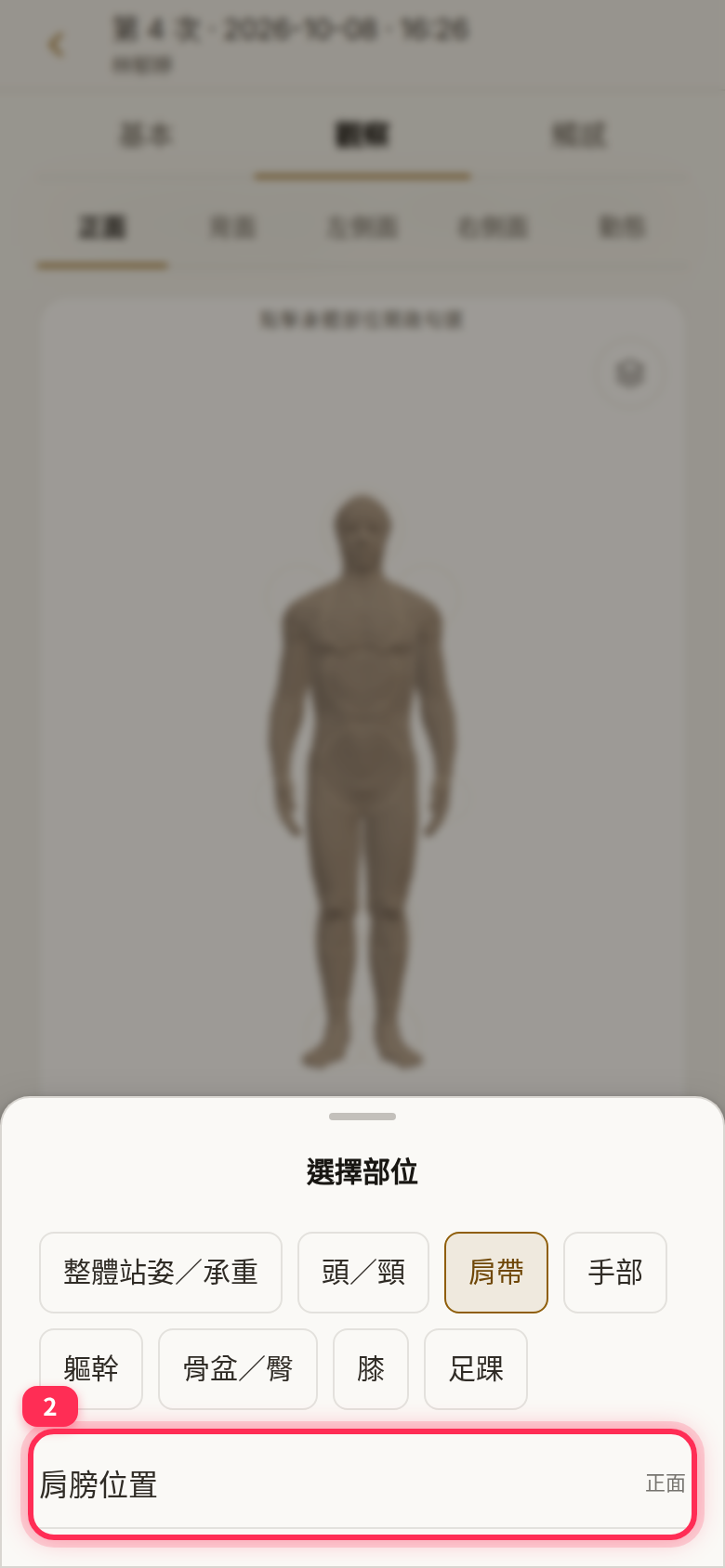 The 「選擇部位」 (Select a region) list with 「肩帶」 (Shoulder girdle) selected and 「肩膀位置」 (Shoulder position) below
