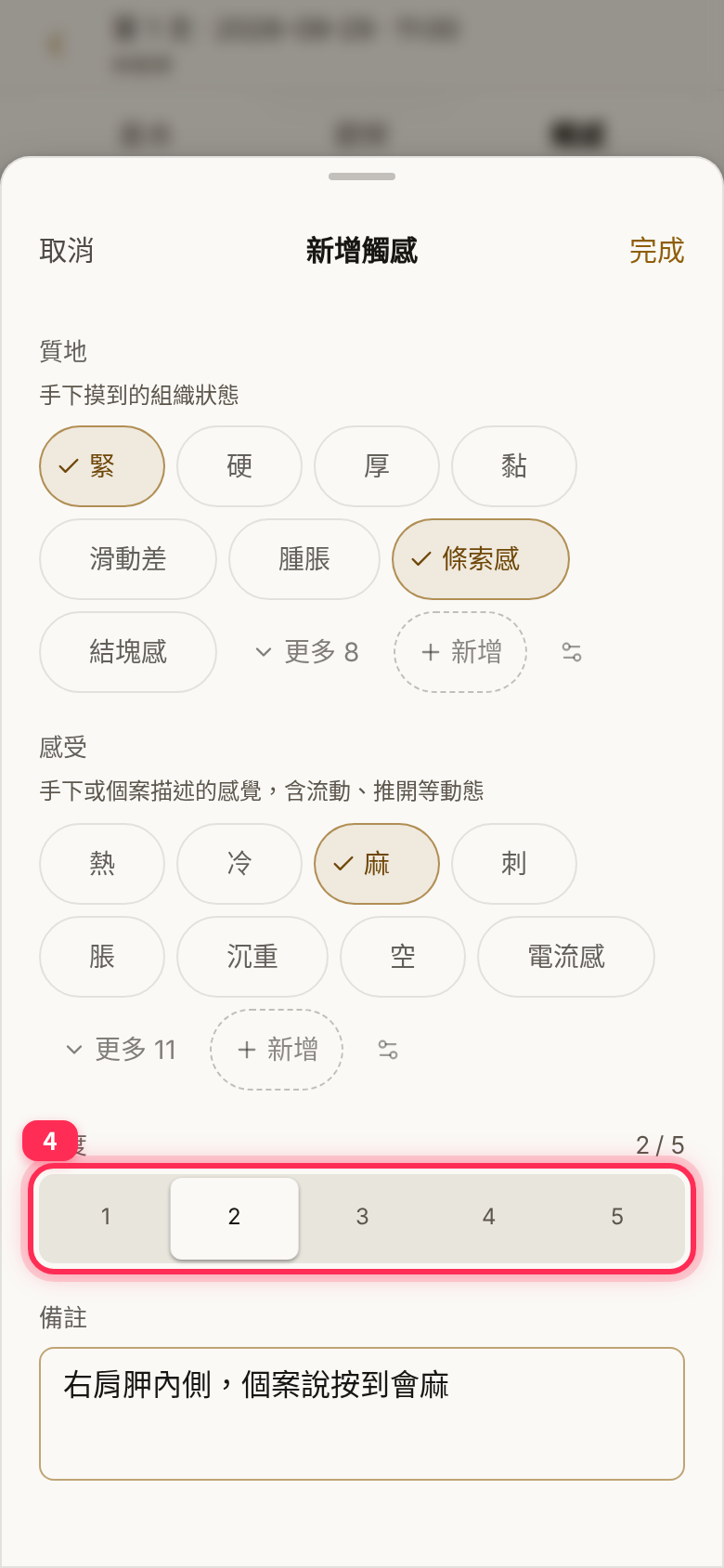 Intensity set to 2 (shown as 2 / 5) and a note with the location and the client’s words