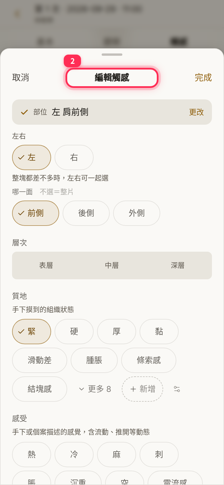 The 「編輯觸感」 (Edit sensation) sheet opened from an existing entry